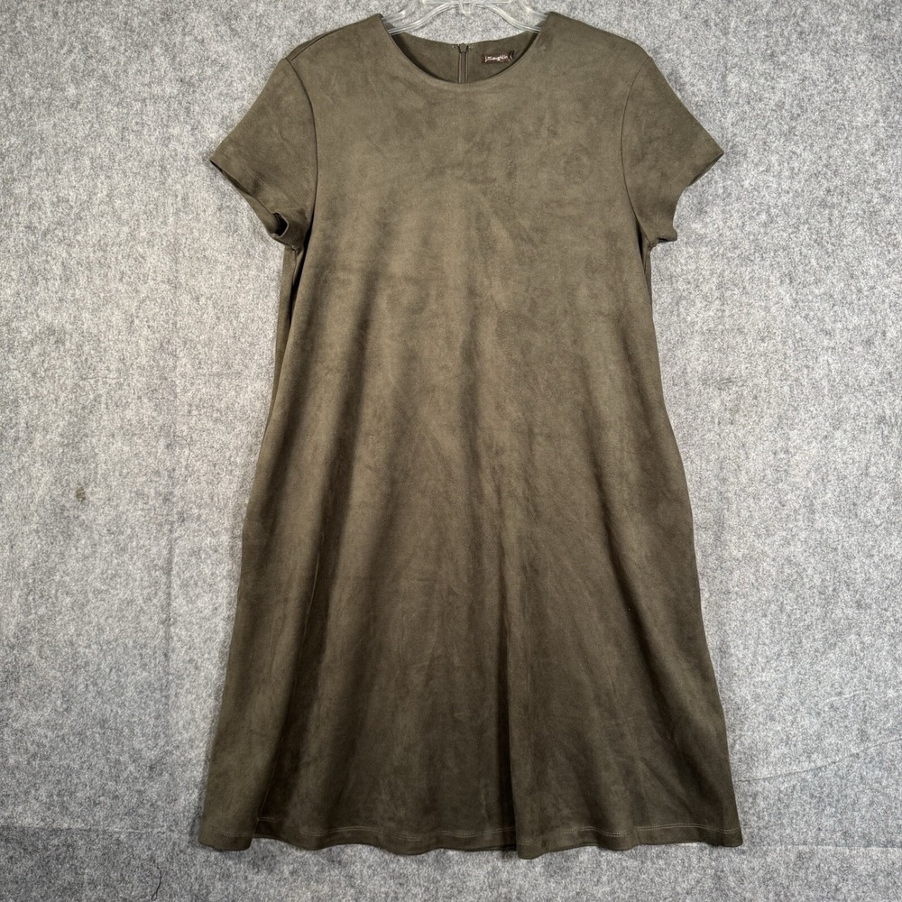 J McLaughlin Shirt Dress Womens Large Olive Green Faux Suede Pockets Crewneck